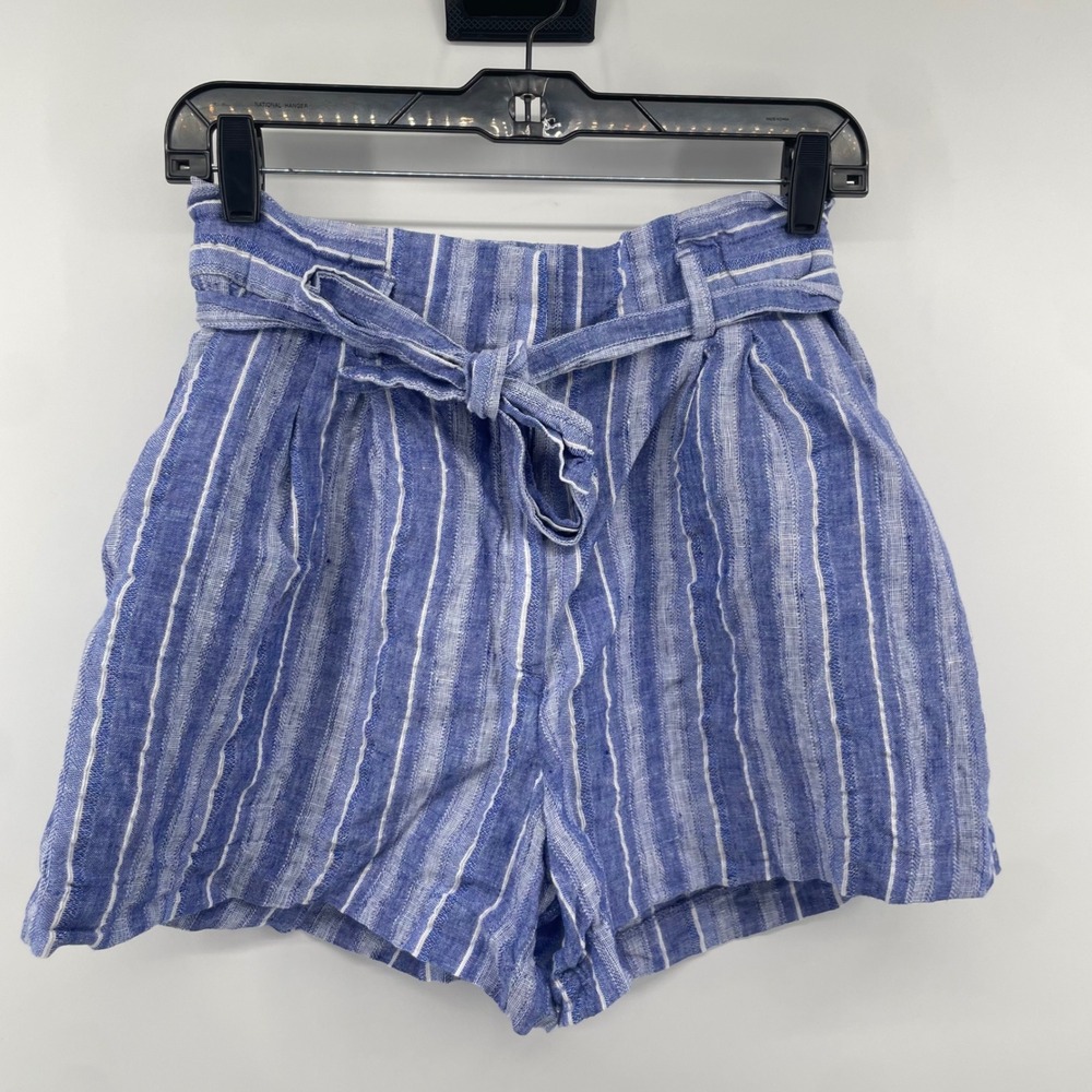 H&M Paperbag Shorts Women 6 Blue Striped Linen Blend High Waist Tie Belt Pockets